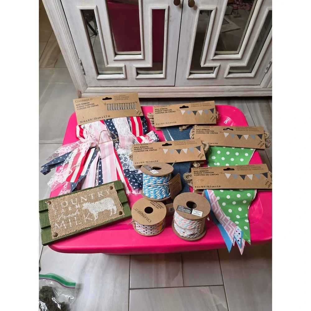 Celebrate It Rag Ribbon Garland Twine Lot Farmhouse Country Fresh Milk Sign NEW‎